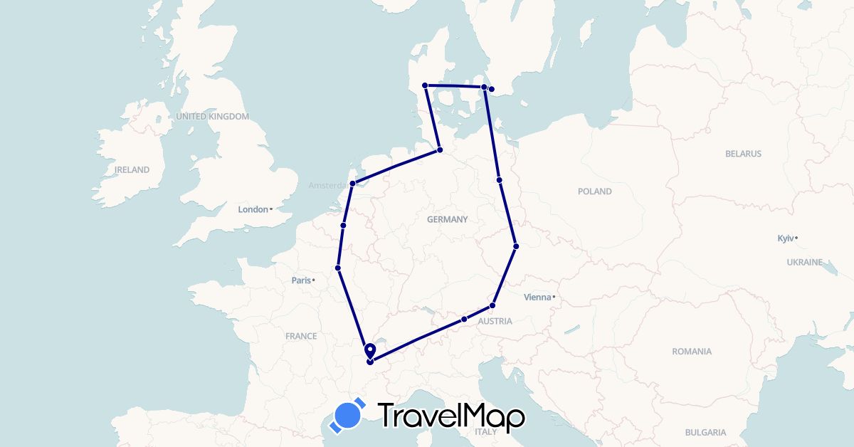 TravelMap itinerary: driving in Austria, Belgium, Czech Republic, Germany, Denmark, France, Netherlands, Sweden (Europe)